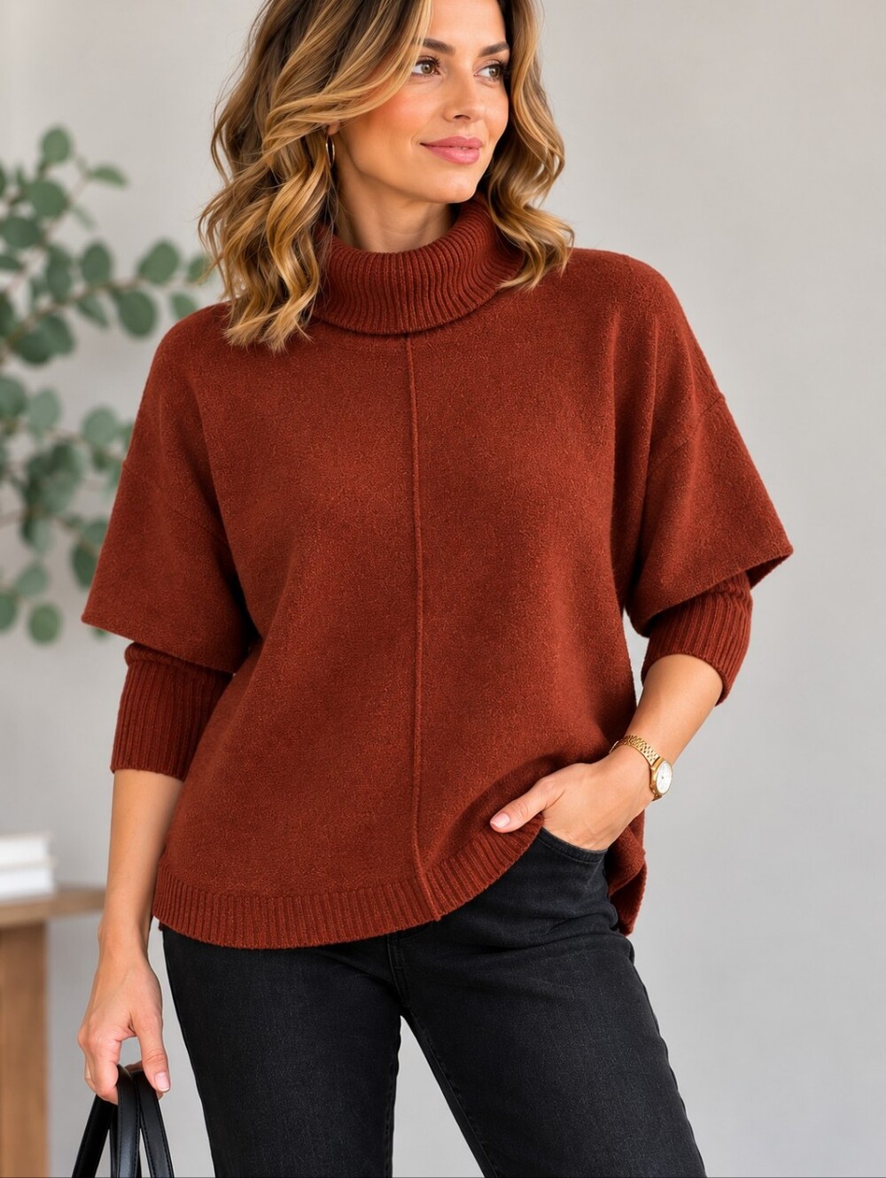 LOFT Large Rust Turtleneck Sweater Oversized Poncho Dolman Sleeve Cozy Fall